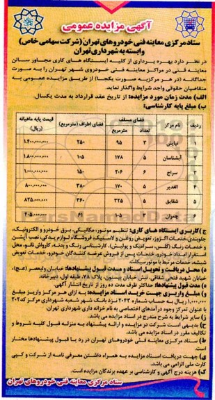 مزایده بهره برداری از کلیه ایستگاه های کاری مجاور سالن معاینه فنی ...