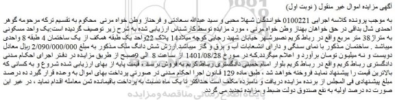 مزایده فروش یک واحد مسکونی به متراژ38 متر مربع