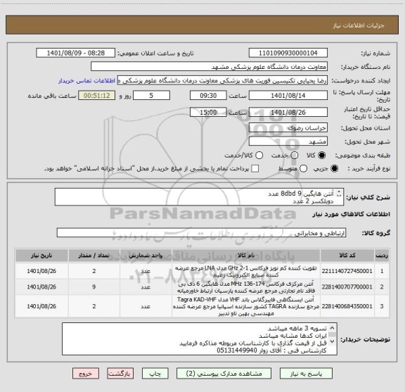 استعلام آنتن هایگین 8dbd 9 عدد
دوبلکسر 2 عدد
LNA با فیلتر حفره ای ( LINEAR AMPLIFIER ) 2 عدد 
همه اقلام با گارانتی معتبر
اطلاعات کامل در فایل پیوست