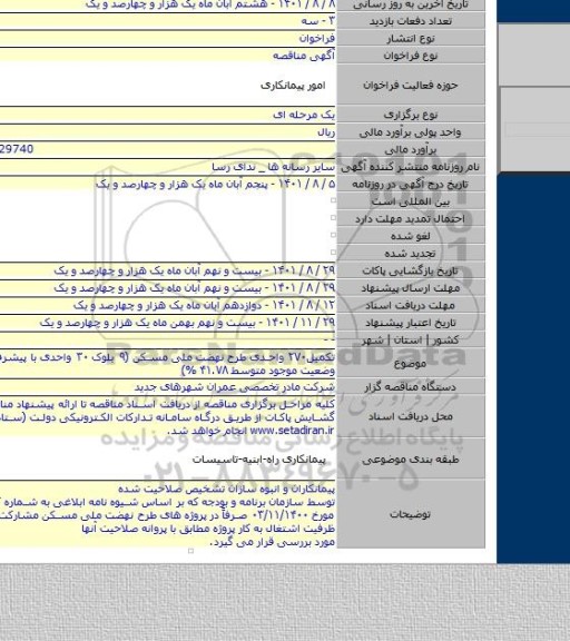 مناقصه, تکمیل۲۷۰ واحدی طرح نهضت ملی مسکن (۹ بلوک ۳۰ واحدی  با پیشرفت فیزیکی وضعیت موجود متوسط ۴۱.۷۸ %)