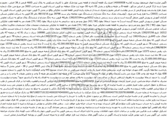 آگهی مزایده امتیاز یک قطعه آپارتمان از قطعه زمین نوع ملک طلق با کاربری مسکونی به پلاک ثبتی 4605 فرعی از 38 اصلی ، مفروز و مجزا شده از11 فرعی از اصلی