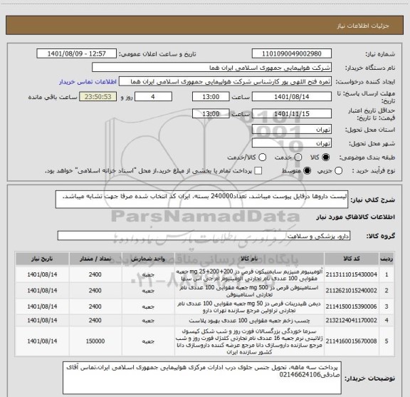 استعلام لیست داروها درفایل پیوست میباشد. تعداد240000 بسته، ایران کد انتخاب شده صرفا جهت تشابه میباشد.