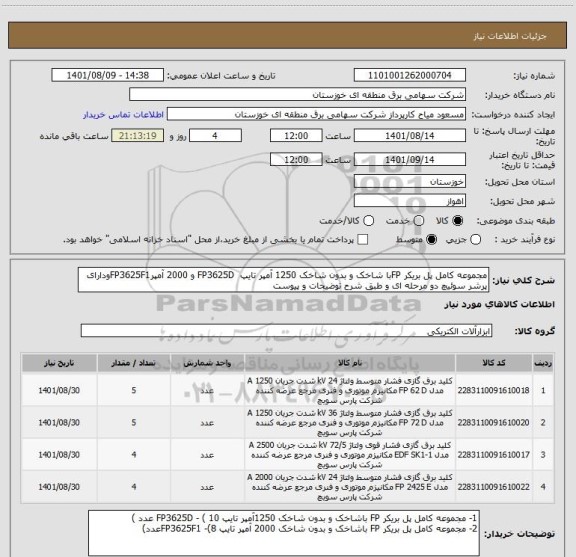 استعلام مجموعه کامل پل بریکر FPبا شاخک و بدون شاخک 1250 آمپر تایپ  FP3625D و 2000 آمپرFP3625F1ودارای پرشر سوئیچ دو مرحله ای و طبق شرح توضیحات و پیوست