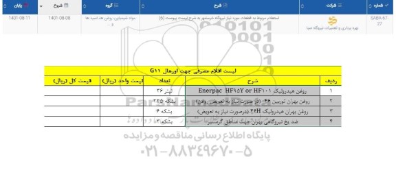 استعلام روغن هیدرولیک ENERPAC HF95Y OR HF101  ...