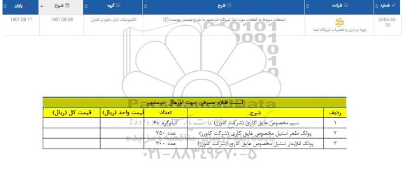 استعلام سیم مخصوص عایق کاری (شرکت کلورز) ...