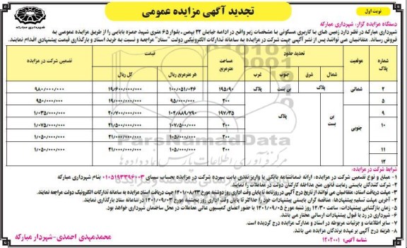 مزایده فروش زمین های با کاربری مسکونی تجدید