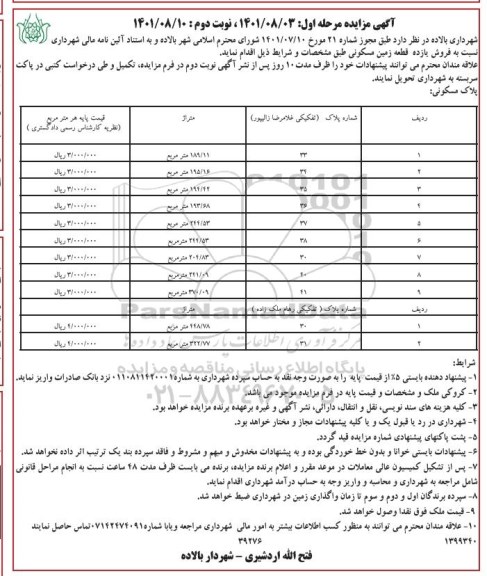 مزایده فروش یازده قطعه زمین مسکونی مرحله اول نوبت دوم