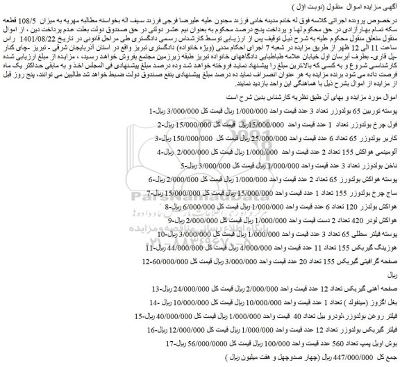 مزایده فروش 1-پوسته توربین 65 بولدوزر تعداد 3 عدد و...