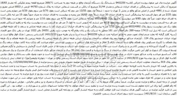 آگهی مزایده ششدانگ یک دستگاه آپارتمان واقع در طبقه دوم به مساحت 269/71 مترمربع قطعه پنجم تفکیکی که مقدار 18/83 مترمربع