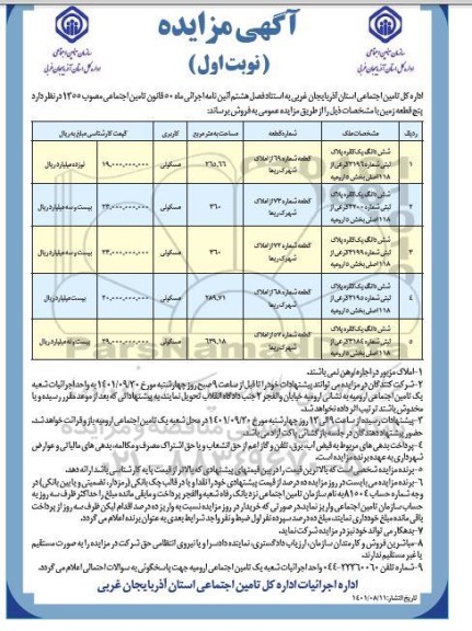 مزایده فروش پنج قطعه زمین کاربری مسکونی نوبت اول