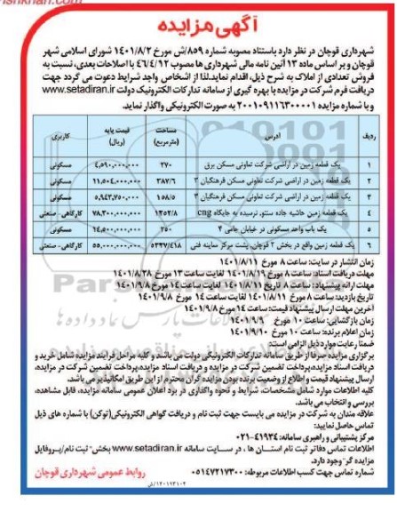 مزایده فروش تعدادی از املاک (5 قطعه زمین و یک باب واحد مسکونی)