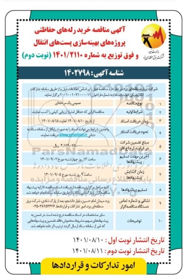 مناقصه خرید رله های حفاظتی پروژه های بهینه سازی پست های انتقال و فوق توزیع نوبت دوم