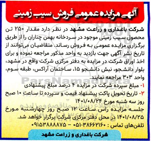 مزایده فروش مقدار 250 تن محصول سیب زمینی