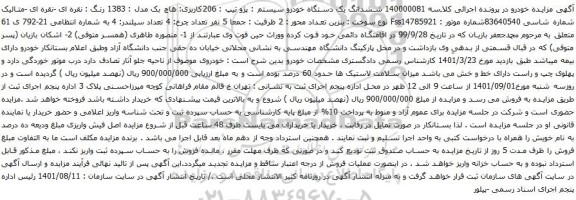 آگهی مزایده ششدانگ یک دستگاه خودرو سیستم : پژو تیپ : 206کاربری: هاچ بک