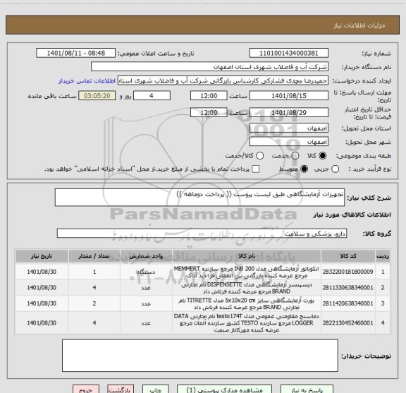 استعلام تجهیزات آزمایشگاهی طبق لیست پیوست (( پرداخت دوماهه ))
