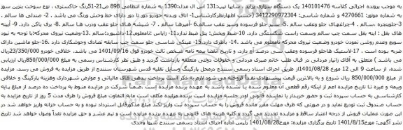 آگهی مزایده یک دستگاه سواری پراید ، سایپا تیپ:131 اس ال مدل:1390