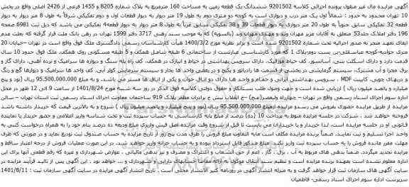 آگهی مزایده ششدانگ یک قطعه زمین به مساحت 160 مترمربع به پلاک شماره 8205 و 1455 فرعی از 2426 اصلی
