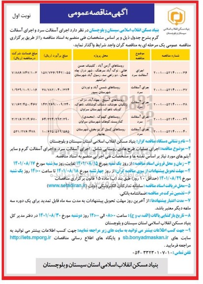 مناقصه اجرای آسفالت سرد و اجرای آسفالت گرم 