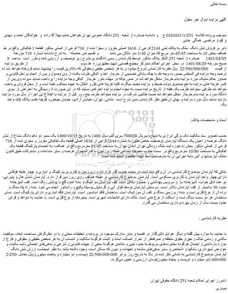 مزایده فروش شش دانگ یک آپارتمان به پلاک ثبتی 2144 فرعی از 1616 اصلی