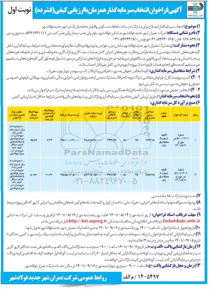 فراخوان انتخاب سرمایه گذار برای مشارکت در ساخت قطعات مسکونی 