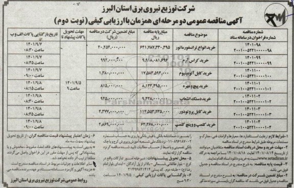 مناقصه خرید انواع ترانسفورماتور...- نوبت دوم 
