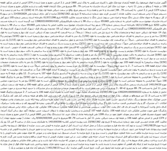 آگهی مزایده یک قطعه آپارتمان نوع ملک طلق با کاربری مسکونی به پلاک ثبتی 1660 فرعی از 2 اصلی، مفروز و مجزا شده از 1374 فرعی از اصلی
