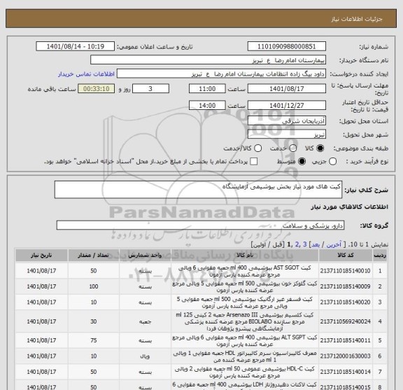 استعلام کیت های مورد نیاز بخش بیوشیمی آزمایشگاه