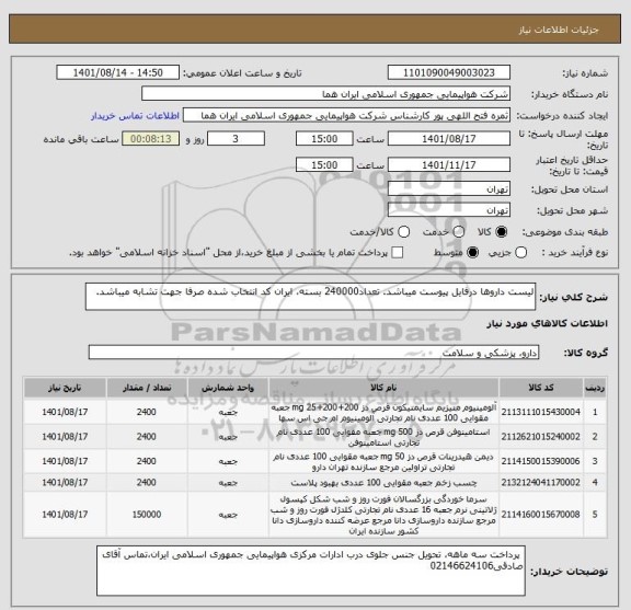 استعلام لیست داروها درفایل پیوست میباشد. تعداد240000 بسته، ایران کد انتخاب شده صرفا جهت تشابه میباشد.