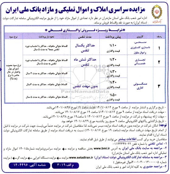 مزایده فروش املاک و اموال تملیکی با کاربری صنعتی - دامداری کشاورزی و اموال منقول - تجاری خدماتی - مسکونی اداری
