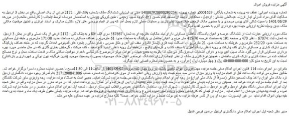 مزایده فروش ششدانگ عرصه و اعیان یکدستگاه ساختمان مسکونی 