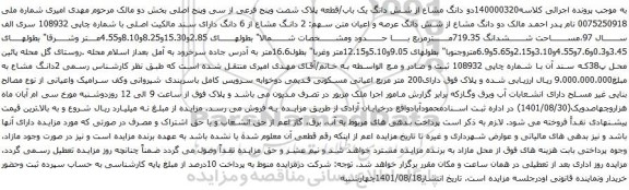 آگهی مزایده دو دانگ مشاع از شش دانگ یک باب/قطعه پلاک شصت وپنج فرعی از سی وپنج اصلی بخش دو