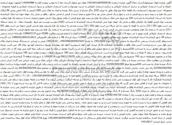 آگهی مزایده یک قطعه خانه نوع ملک طلق به میزان 3/02 دانگ مشاع از شش دانگ عرصه و اعیان به پلاک ثبتی 1395 فرعی از 141 اصلی