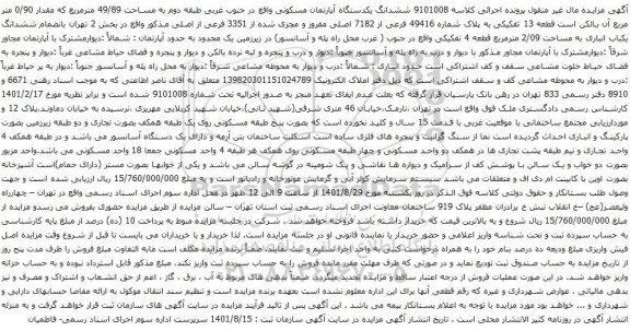 آگهی مزایده ششدانگ یکدستگاه آپارتمان مسکونی واقع در جنوب غربی طبقه دوم به مساحت 49/89 مترمربع