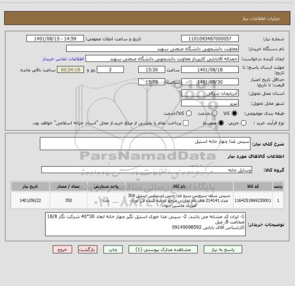 استعلام سینی غذا چهار خانه استیل