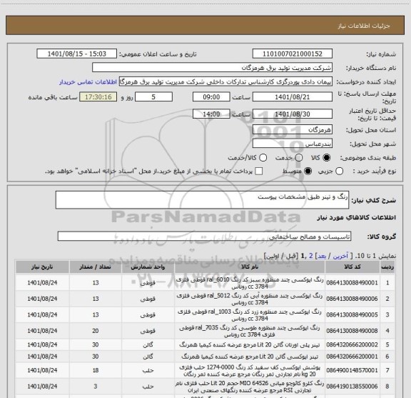 استعلام رنگ و تینر طبق مشخصات پیوست