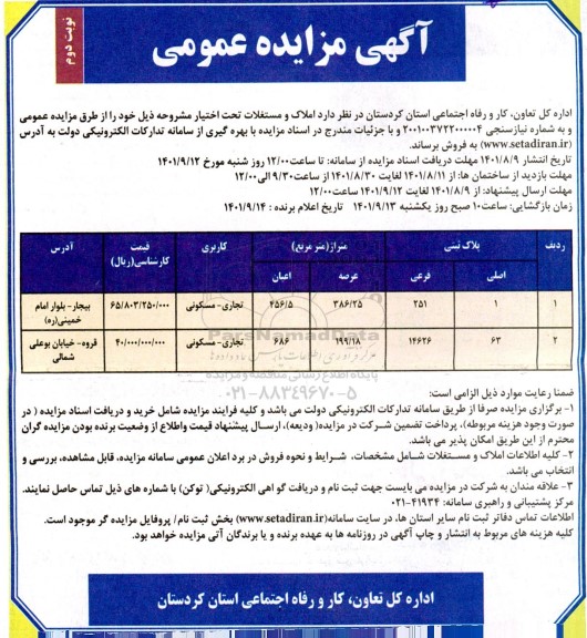مزایده فروش املاک و مستغلات تجاری - مسکونی - نوبت دوم 