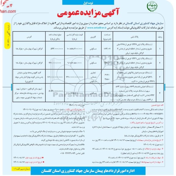 مزایده فروش 4 فقره از املاک مازاد