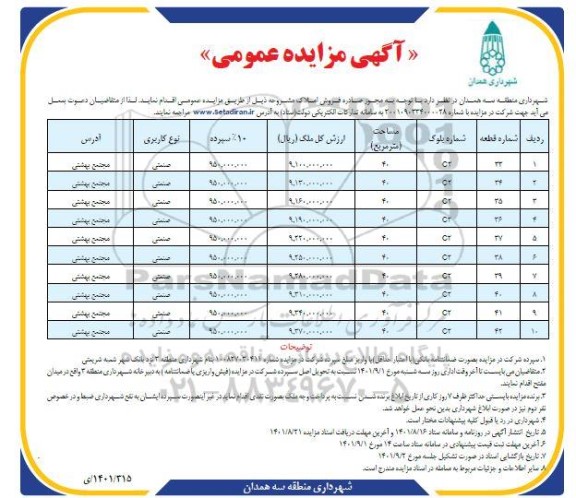 مزایده فروش املاک