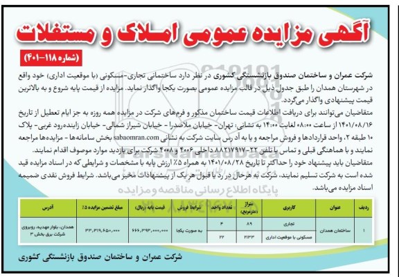 مزایده واگذاری ساختمانی تجاری- مسکونی (با موقعیت اداری) 