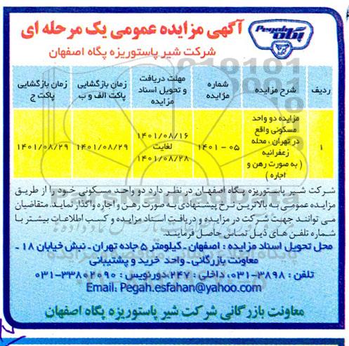 مزایده دو واحد مسکونی واقع در تهران محله زعفراینه