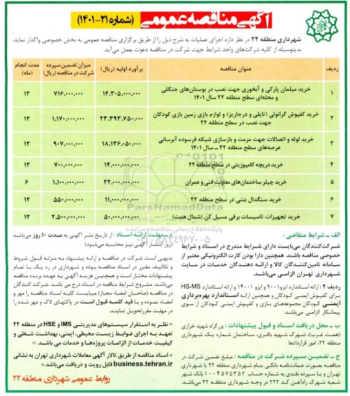 مناقصه عمومی خرید مبلمان پارکی و آبخوری جهت نصب در بوستان های....