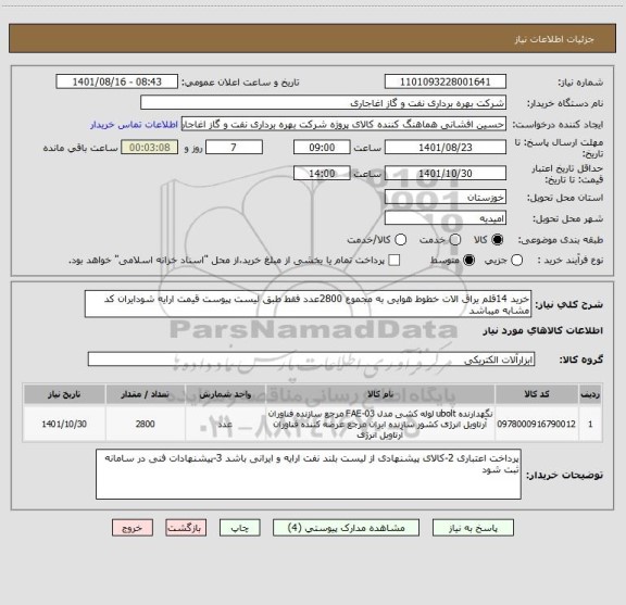 استعلام خرید 14قلم یراق الات خطوط هوایی به مجموع 2800عدد فقط طبق لیست پیوست قیمت ارایه شودایران کد مشابه میباشد