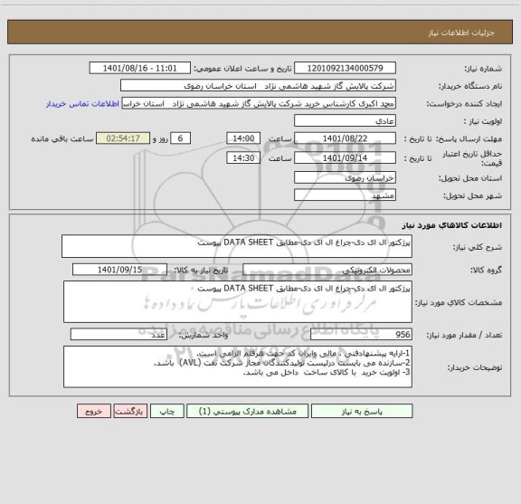 استعلام پرژکتور ال ای دی-چراغ ال ای دی-مطابق DATA SHEET پیوست