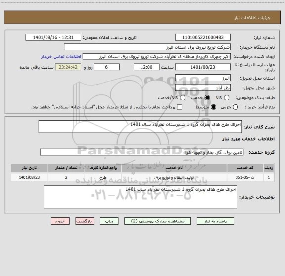 استعلام اجرای طرح های بحران گروه 1 شهرستان نظرآباد سال 1401