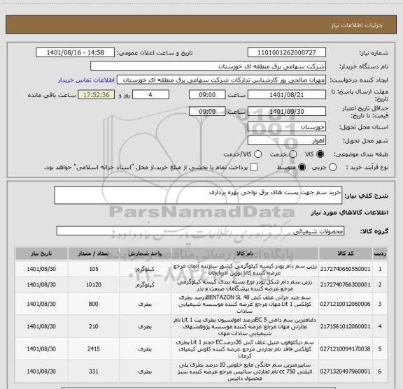 استعلام خرید سم جهت پست های برق نواحی بهره برداری