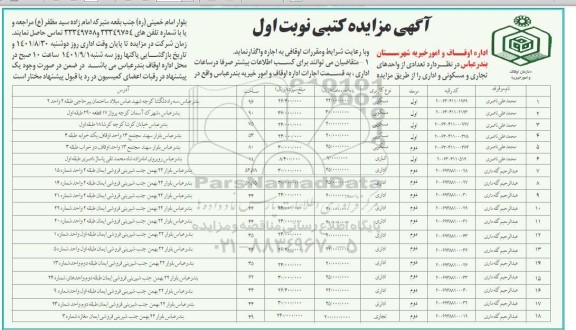مزایده اجاره تعدادی از واحدهای تجاری و مسکونی و اداری 