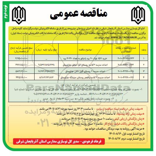 مناقصه خرید 1511 بلوک 20 پره رادیاتور و ....