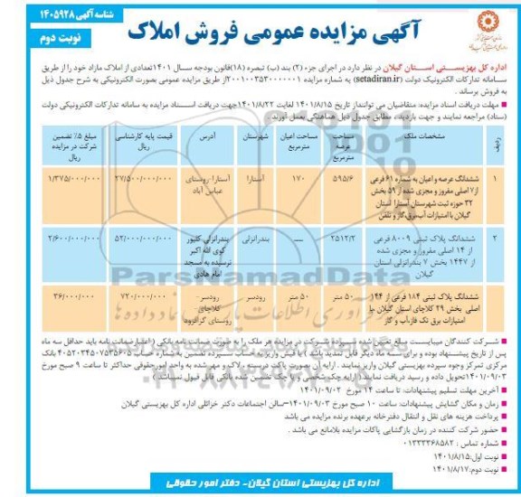 مزایده فروش املاک - نوبت دوم