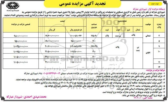مزایده فروش زمین های با کاربری مسکونی تجدید - نوبت دوم