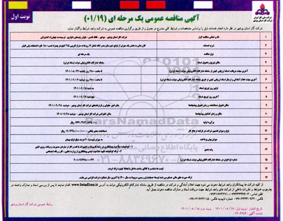 مناقصه گازرسانی به بخش یک مهران شامل 19 روستا به متراژ تقریبی 215 کیلومتر به همراه نصب 1800 فقره انشعاب پلی اتیلن 